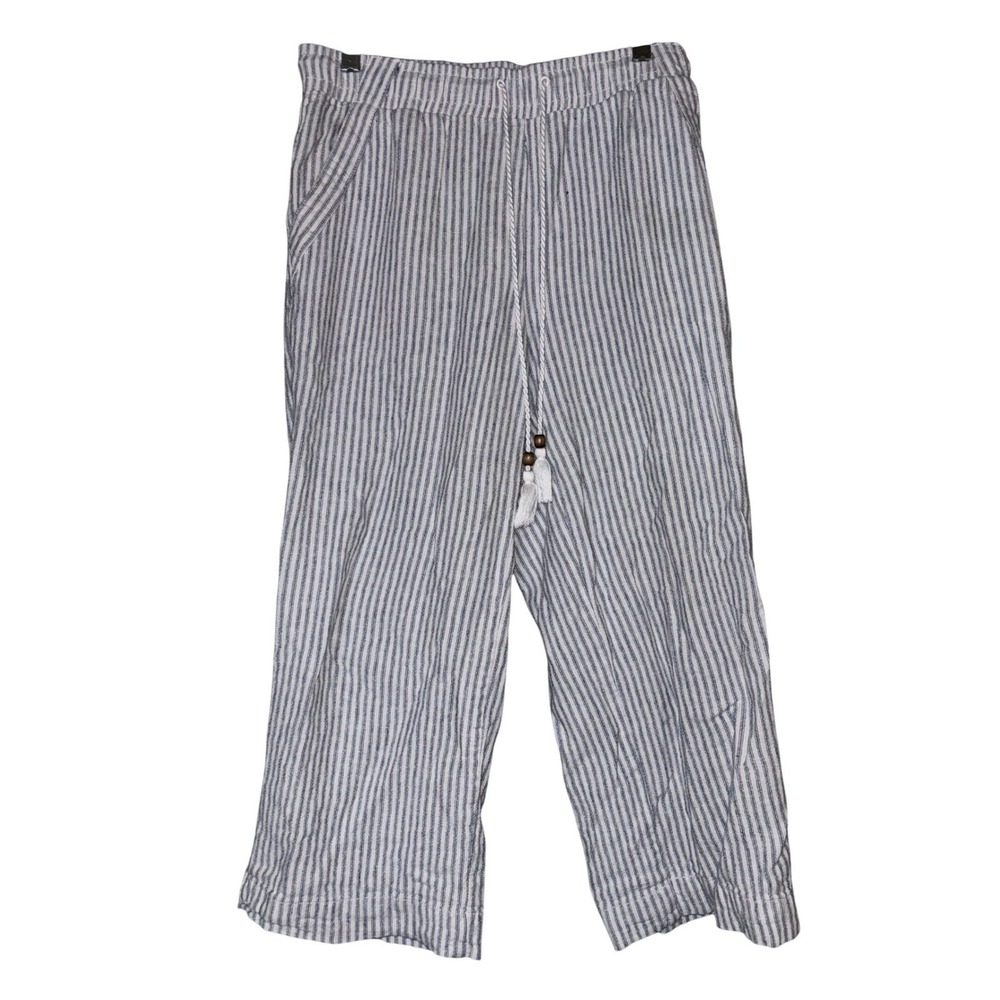 Westbund Womens S Blue White Striped Linen Blend Wide Leg Crop Pants Casual Work - Picture 1 of 10